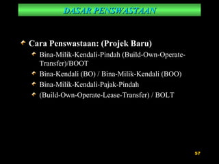 DASAR PENSWASTAAN Cara Penswastaan: (Projek Baru) Bina-Milik-Kendali-Pindah (Build-Own-Operate-Transfer)/BOOT Bina-Kendali (BO) / Bina-Milik-Kendali (BOO) Bina-Milik-Kendali-Pajak-Pindah (Build-Own-Operate-Lease-Transfer) / BOLT 