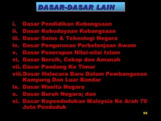 DASAR-DASAR LAIN Dasar Pendidikan Kebangsaan Dasar Kebudayaan Kebangsaan Dasar Sains & Teknologi Negara Dasar Pengurusan Perbelanjaan Awam Dasar Penerapan Nilai-nilai Islam Dasar Bersih, Cekap dan Amanah Dasar Pandang Ke Timur Dasar Halacara Baru Dalam Pembangunan Kampung Dan Luar Bandar Dasar Wanita Negara Dasar Buruh Negara; dan Dasar Kependudukan Malaysia Ke Arah 70 Juta Penduduk 