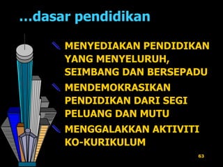 MENYEDIAKAN PENDIDIKAN YANG MENYELURUH, SEIMBANG DAN BERSEPADU MENDEMOKRASIKAN PENDIDIKAN DARI SEGI PELUANG DAN MUTU MENGGALAKKAN AKTIVITI KO-KURIKULUM … dasar pendidikan 
