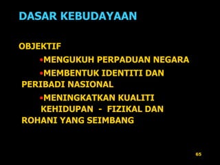 DASAR KEBUDAYAAN OBJEKTIF MENGUKUH PERPADUAN NEGARA MEMBENTUK IDENTITI DAN  PERIBADI NASIONAL MENINGKATKAN KUALITI  KEHIDUPAN  -  FIZIKAL DAN  ROHANI YANG SEIMBANG 
