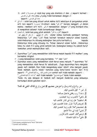 16
Terjemah Nahwu Ajrumiah ----------------- Untuk MDT Tarbiyatul Banat
3. ‫اللتعليل‬ ‫أو‬ ‫مصدرية‬ ‫كي‬ ialah kay yang ada diantara ‫الم‬ dan ‫ان‬ seperti kalimat :
‫تكرمني‬ ‫ان‬ ‫لكي‬ ‫جئتك‬ atau ‫كي‬ yang tidak bersamaan dengan ‫الم‬
seperti : ‫تكرمني‬ ‫كي‬ ‫جئت‬
 ‫كي‬ ‫الم‬ – ialah lam yang dibuat untuk makna ta’lil sekalipun di pergunakan untuk
arti lain seperti ‫صيرورة‬ ‫عاقبة‬diberi nama “‫كي‬ ‫”الم‬ karena menggati ‫كي‬ dalam
makna ; memberi arti ta’lil. ‫كي‬ ‫الم‬ menasabkan dengan “‫”ان‬ yang disimpan atau
di nampakkan selamat tidak bersambungn dengan ‫ال‬
 ‫الجحود‬ ‫,الم‬ ialah lam yang jatuh setelah “‫كان‬ ‫ما‬ ‫و‬ ‫”كان‬ Seperti
‫لهم‬ ‫ليغفر‬ ‫هللا‬ ‫يكن‬ ‫لم‬ . ‫ليعذبهم‬ ‫هللا‬ ‫ماكان‬ ulama’ nahwu berbeda pendapat tentang
khabarnya “‫”كان‬ atau “‫”يكون‬ Pada kalimat tersebut menurut ulama’ basrah,
ialah khabarnya itu dibuang sedangkan lam yaitu bertaallu q kepada
khabarnya kãna yang dibuang itu. Tetapi menurut ulama’ kufah , khabarnya
kãna itu ialah fi’il yang jatuh setelah lam. Sedangkan lamnya itu adalah huruf
tambahan untuk mentaukidkan nafi.
 Syaratnya “‫”حتي‬ yang menasabkan ialah harus masuk kepada fi’il mudhari’ yang
bermakna istigbal.
 ‫أو‬ yang menasabkan ialah yang bermakna “‫”اال‬ dan “‫”تعليل‬
 Syaranya wawu yang menasabkan ialah harus wawu maiyah. 13
syaratnya ‘’fa’’
yang menasabkan ialah harus fa’ sababiyah. Juga sayaratnya haru menjadai
jawab nafi mahdah. Dan tidak mengandung unsur isbat/ atau menjadi jawab
talab mahdah. (yaitu talab/ tuntutan yang betul-betul terdiri dari fi’il)
seperti : 14 ‫فتحدثني‬ ‫تأتينا‬ ‫_ما‬ ‫اليك‬ ‫فأحسن‬ ‫احسن‬ contoh nafi tidak mahdah seperti :
“ _‫فتحدثني‬ ‫تأتينا‬ ‫اال‬ ‫انت‬ ‫”ما‬ nafi tidak mahdah “‫فنستريح‬ ‫”صح‬ talab tidak mahdah
Talab itu ada dalapan di tambah nafi menjadi Sembilan yang semuanya
berkumpul dalam gubahan syair.
# ‫حضهم‬ ‫واعرض‬ ‫وسل‬ ‫وانه‬ ‫وادع‬ ‫مر‬‫ت‬‫كمال‬ ‫قد‬ ‫النفي‬ ‫كذاك‬ ‫وارج‬ ‫من‬
1.‫اليك‬ ‫فأحسن‬ ‫أقبل‬ " ‫امر‬
2.‫صالحا‬ ‫فاعمل‬ ‫وفقني‬ ‫رب‬ "‫دعاء‬
3.‫فيغضب‬ ‫زيدا‬ ‫التضرب‬ "‫ناهي‬
4.‫الدار‬ ‫فى‬ ‫زيد‬ ‫هل‬ "‫استفهام‬‫اليه‬ ‫فأذهب‬
5.‫خيرا‬ ‫فتصيب‬ ‫عندنا‬ ‫تنزل‬ ‫تعريض"لوال‬
6.‫اليك‬ ‫فنحسن‬ ‫زيدا‬ ‫تكرم‬ ‫تحضيض"هال‬
7.‫فأحج‬ ‫ماال‬ ‫لي‬ ‫ليت‬ "‫تمني‬
8.‫فأزور‬ ‫قادم‬ ‫الحبيب‬ ‫ترجي"لعل‬
9.‫فتحدثنا‬ ‫تأتينا‬ ‫ما‬ "‫نافي‬
13 Yaitu wawu yang bermana “ma’a” bersama
14 Contoh nafi mahdah
 