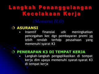 (Menurut ILO) 
 ASURANSI 
• Insentif finansial utk meningkatkan 
pencegahan kec dgn pembayaran premi yg 
lebih rendah terhdp peusahaan yang 
memenuhi syarat K3 
 PENERAPAN K3 DI TEMPAT KERJA 
• Langkah-langkah pengaplikasikan di tempat 
kerja dlm upaya memenuhi syarat-syarat K3 
di tempat kerja 
 