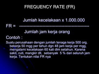 FREQUENCY RATE (FR) 
Jumlah kecelakaan x 1.000.000 
FR = ------------------------------------------------ 
Jumlah jam kerja orang 
Contoh : 
Suatu perusahaan dengan jumlah tenaga kerja 500 org. 
bekerja 50 mgg per tahun dgn 48 jam kerja per mgg, 
mengalami kecelakaan 60 kali dlm setahun. Karena 
sakit, cuti, mangkir dll, sebanyak 5 % dari seluruh jam 
kerja. Tentukan nilai FR nya 
 
