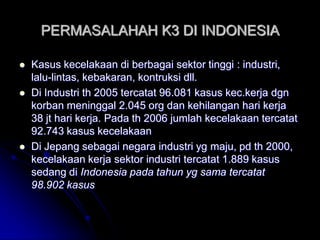PERMASALAHAH K3 DI INDONESIA 
 Kasus kecelakaan di berbagai sektor tinggi : industri, 
lalu-lintas, kebakaran, kontruksi dll. 
 Di Industri th 2005 tercatat 96.081 kasus kec.kerja dgn 
korban meninggal 2.045 org dan kehilangan hari kerja 
38 jt hari kerja. Pada th 2006 jumlah kecelakaan tercatat 
92.743 kasus kecelakaan 
 Di Jepang sebagai negara industri yg maju, pd th 2000, 
kecelakaan kerja sektor industri tercatat 1.889 kasus 
sedang di Indonesia pada tahun yg sama tercatat 
98.902 kasus 
 
