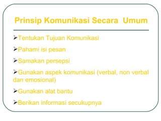 Prinsip Komunikasi Secara  Umum Tentukan Tujuan Komunikasi Pahami isi pesan Samakan persepsi Gunakan aspek komunikasi (verbal, non verbal dan emosional) Gunakan alat bantu Berikan informasi secukupnya 