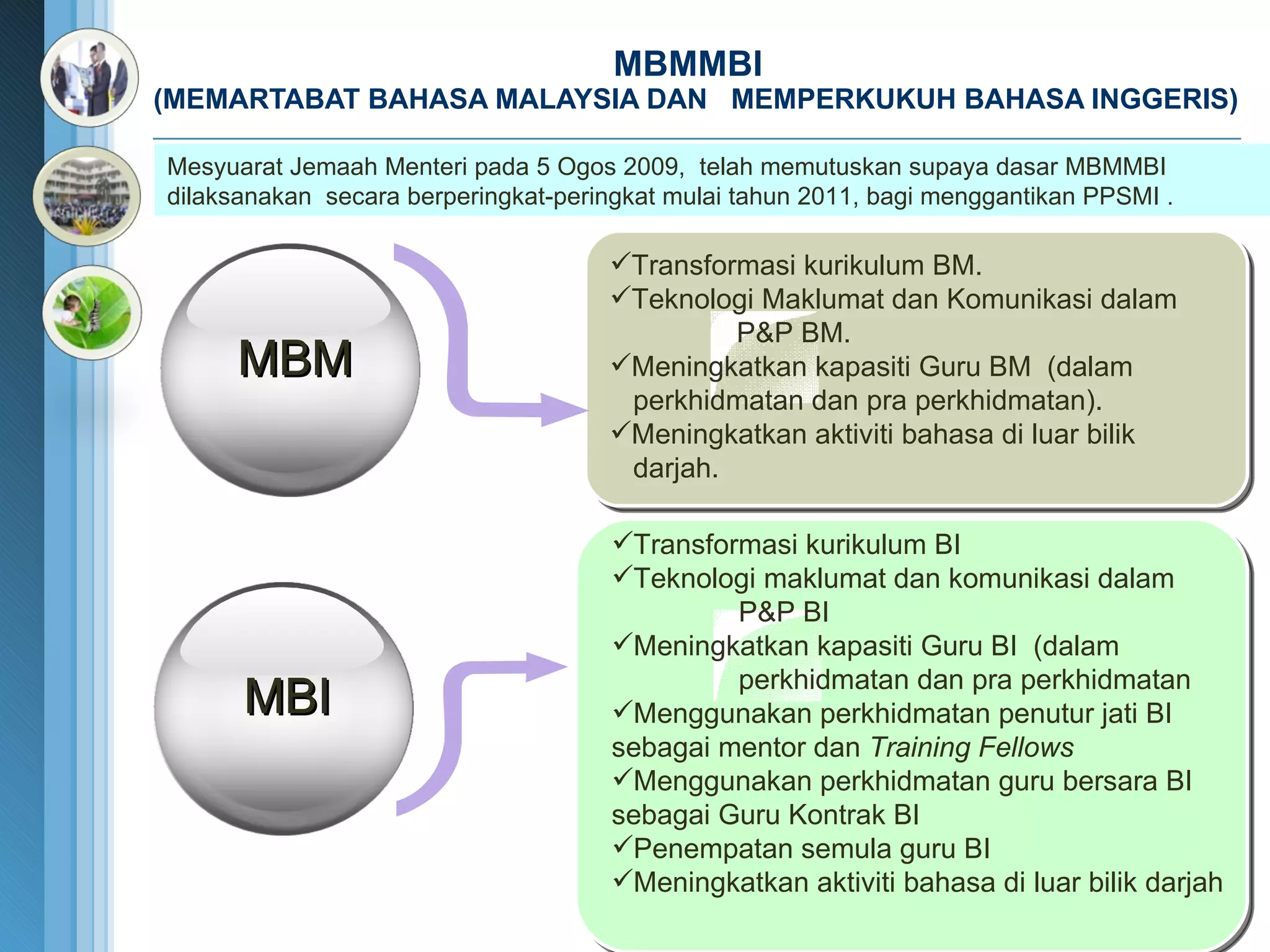 MBMMBI   (MEMARTABAT BAHASA MALAYSIA DAN  MEMPERKUKUH BAHASA INGGERIS) Transformasi kurikulum BI Teknologi maklumat dan komunikasi dalam  P&P BI Meningkatkan kapasiti Guru BI  (dalam  perkhidmatan dan pra perkhidmatan Menggunakan perkhidmatan penutur jati BI  sebagai mentor dan  Training Fellows Menggunakan perkhidmatan guru bersara BI sebagai Guru Kontrak BI Penempatan semula guru BI Meningkatkan aktiviti bahasa di luar bilik darjah MBM MBI Mesyuarat Jemaah Menteri pada 5 Ogos 2009,  telah memutuskan supaya dasar MBMMBI dilaksanakan  secara berperingkat-peringkat mulai tahun 2011, bagi menggantikan PPSMI . Transformasi kurikulum BM. Teknologi Maklumat dan Komunikasi dalam P&P BM. Meningkatkan kapasiti Guru BM  (dalam  perkhidmatan dan pra perkhidmatan). Meningkatkan aktiviti bahasa di luar bilik  darjah. 