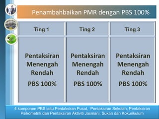 Penambahbaikan PMR dengan PBS 100% 4 komponen PBS iaitu Pentaksiran Pusat,  Pentaksiran Sekolah, Pentaksiran Psikometrik dan Pentaksiran Aktiviti Jasmani, Sukan dan Kokurikulum 