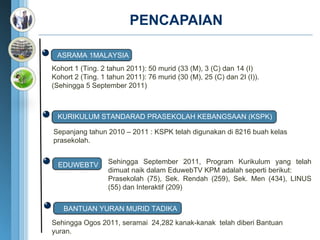 PENCAPAIAN Sepanjang tahun 2010 – 2011 : KSPK telah digunakan di 8216 buah kelas prasekolah. Sehingga September 2011, Program Kurikulum yang telah dimuat naik dalam EduwebTV KPM adalah seperti berikut: Prasekolah (75), Sek. Rendah (259), Sek. Men (434), LINUS (55) dan Interaktif (209) ASRAMA 1MALAYSIA Kohort 1 (Ting. 2 tahun 2011): 50 murid (33 (M), 3 (C) dan 14 (I)  Kohort 2 (Ting. 1 tahun 2011): 76 murid (30 (M), 25 (C) dan 2I (I)).  (Sehingga 5 September 2011) Sehingga Ogos 2011, seramai  24,282 kanak-kanak  telah diberi Bantuan yuran. SUSU 1MALAYSIA KURIKULUM STANDARAD PRASEKOLAH KEBANGSAAN (KSPK) EDUWEBTV BANTUAN YURAN MURID TADIKA 