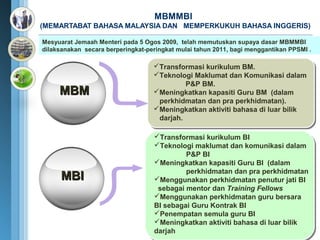 MBMMBI
(MEMARTABAT BAHASA MALAYSIA DAN MEMPERKUKUH BAHASA INGGERIS)

Mesyuarat Jemaah Menteri pada 5 Ogos 2009, telah memutuskan supaya dasar MBMMBI
dilaksanakan secara berperingkat-peringkat mulai tahun 2011, bagi menggantikan PPSMI .

                                   Transformasi kurikulum BM.
                                   Teknologi Maklumat dan Komunikasi dalam
                                            P&P BM.
     MBM                           Meningkatkan kapasiti Guru BM (dalam
                                    perkhidmatan dan pra perkhidmatan).
                                   Meningkatkan aktiviti bahasa di luar bilik
                                    darjah.

                                   Transformasi kurikulum BI
                                   Teknologi maklumat dan komunikasi dalam
                                            P&P BI
                                   Meningkatkan kapasiti Guru BI (dalam
                                            perkhidmatan dan pra perkhidmatan
      MBI                          Menggunakan perkhidmatan penutur jati BI
                                    sebagai mentor dan Training Fellows
                                   Menggunakan perkhidmatan guru bersara
                                   BI sebagai Guru Kontrak BI
                                   Penempatan semula guru BI
                                   Meningkatkan aktiviti bahasa di luar bilik
                                   darjah
 