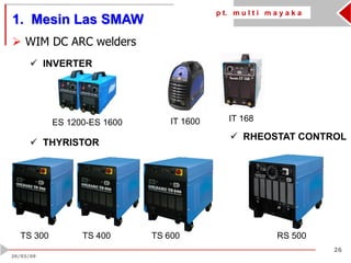 p t. m u l t i m a y a k a
26
20/03/09
TS 300
IT 168
TS 400 TS 600 RS 500
 WIM DC ARC welders
ES 1200-ES 1600
 INVERTER
 THYRISTOR
 RHEOSTAT CONTROL
1. Mesin Las SMAW
IT 1600
 