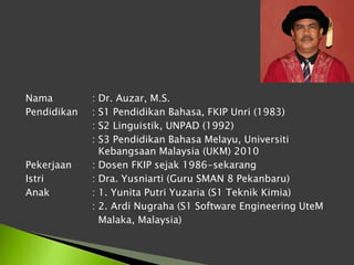 Nama         :   Dr. Auzar, M.S.
Pendidikan   :   S1 Pendidikan Bahasa, FKIP Unri (1983)
             :   S2 Linguistik, UNPAD (1992)
             :   S3 Pendidikan Bahasa Melayu, Universiti
                 Kebangsaan Malaysia (UKM) 2010
Pekerjaan    :   Dosen FKIP sejak 1986-sekarang
Istri        :   Dra. Yusniarti (Guru SMAN 8 Pekanbaru)
Anak         :   1. Yunita Putri Yuzaria (S1 Teknik Kimia)
             :   2. Ardi Nugraha (S1 Software Engineering UteM
                 Malaka, Malaysia)
 