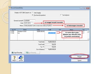 Isi tanggal terjadi transaksi
Isi keterangan transaksi
Isi nama akun yang
didebet dan dikredit serta
isi jumlah nominalnya
 
