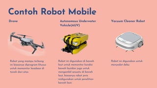 Contoh Robot Mobile
Robot ini digunakan di bawah
laut untuk memonitor kondisi
bawah lautdan juga untuk
mengambil sesuatu di bawah
laut, biasanya robot jenis
inidigunakan untuk penelitian
bawah laut,
Robot ini digunakan untuk
menyedot debu
Drone
Robot yang mampu terbang
ini biasanya diprogram khusus
untuk memonitor keadaan di
tanah dari atas
Autonomous Underwater
Vehicle(AUV)
Vacuum Cleaner Robot
 