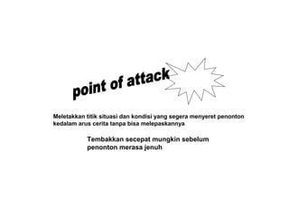 Meletakkan titik situasi dan kondisi yang segera menyeret penonton
kedalam arus cerita tanpa bisa melepaskannya
Tembakkan secepat mungkin sebelum
penonton merasa jenuh
 