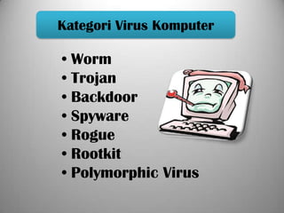 Kategori Virus Komputer

• Worm
• Trojan
• Backdoor
• Spyware
• Rogue
• Rootkit
• Polymorphic Virus
 