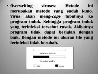 • Overwriting      viruses:   Metode     ini
  merupakan metode yang sudah kuno.
  Virus akan meng-copy tubuhnya ke
  program induk. Sehingga program induk
  yang terinfeksi tersebut rusak. Akibatnya
  program tidak dapat berjalan dengan
  baik. Dengan metode ini ukuran file yang
  terinfeksi tidak berubah.
 