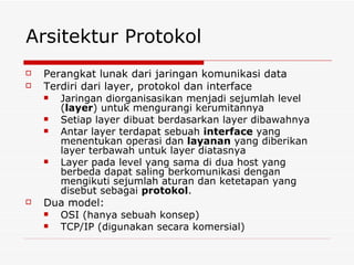 Arsitektur Protokol Perangkat lunak dari jaringan komunikasi data Terdiri dari layer, protokol dan interface Jaringan diorganisasikan menjadi sejumlah level ( layer ) untuk mengurangi kerumitannya Setiap layer dibuat berdasarkan layer dibawahnya Antar layer terdapat sebuah  interface  yang menentukan operasi dan  layanan  yang diberikan layer terbawah untuk layer diatasnya Layer pada level yang sama di dua host yang berbeda dapat saling berkomunikasi dengan mengikuti sejumlah aturan dan ketetapan yang disebut sebagai  protokol . Dua model: OSI (hanya sebuah konsep) TCP/IP (digunakan secara komersial) 
