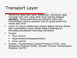 Transport Layer Menerima data dari layer diatasnya, memecah data menjadi unit-unit yang lebih kecil (sering disebut  packet ), meneruskannya ke network layer dan memastikan semua packets tiba di ujung penerima tanpa ada error Layer ini harus melakukan proses diatas secara efisien dan memastikan layer diatas tidak terpengaruh terhadap perubahan teknologi hardware Fungsi: Flow control Segmentation/desegmentation Error control Contoh: Transmission Control Protocol (TCP), User Datagram Protocol (UDP), Stream Control Transmission Protocol (SCTP) 