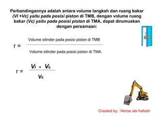 Perbandingannya adalah antara volume langkah dan ruang bakar
(Vl +Vc) yaitu pada posisi piston di TMB, dengan volume ruang
bakar (Vc) yaitu pada posisi piston di TMA, dapat dirumuskan
dengan persamaan:
Volume silinder pada posisi piston di TMB

r=
Volume silinder pada posisi piston di TMA

r=

Vl

+

Vc

Vc

Created by : Heroe abi hafsah

 
