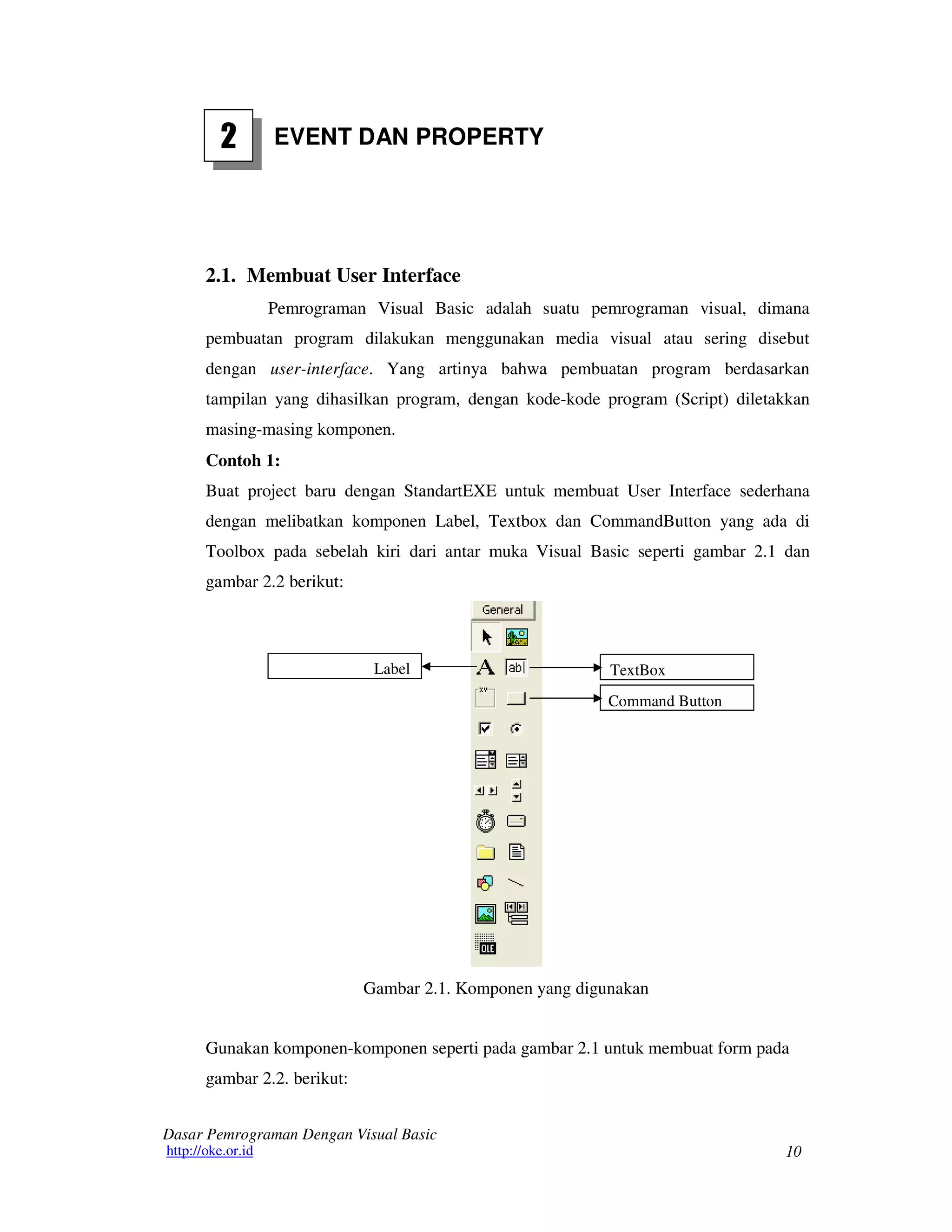 10
Dasar Pemrograman Dengan Visual Basic
http://oke.or.id
2 EVENT DAN PROPERTY
2.1. Membuat User Interface
Pemrograman Visual Basic adalah suatu pemrograman visual, dimana
pembuatan program dilakukan menggunakan media visual atau sering disebut
dengan user-interface. Yang artinya bahwa pembuatan program berdasarkan
tampilan yang dihasilkan program, dengan kode-kode program (Script) diletakkan
masing-masing komponen.
Contoh 1:
Buat project baru dengan StandartEXE untuk membuat User Interface sederhana
dengan melibatkan komponen Label, Textbox dan CommandButton yang ada di
Toolbox pada sebelah kiri dari antar muka Visual Basic seperti gambar 2.1 dan
gambar 2.2 berikut:
Label TextBox
Command Button
Gambar 2.1. Komponen yang digunakan
Gunakan komponen-komponen seperti pada gambar 2.1 untuk membuat form pada
gambar 2.2. berikut:
 