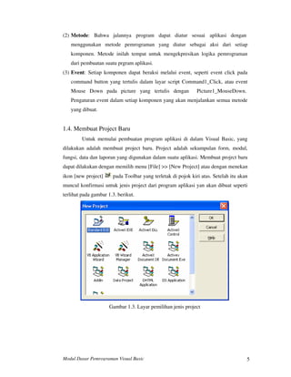 Modul Dasar Pemrograman Visual Basic 5
(2) Metode: Bahwa jalannya program dapat diatur sesuai aplikasi dengan
menggunakan metode pemrograman yang diatur sebagai aksi dari setiap
komponen. Metode inilah tempat untuk mengekpresikan logika pemrograman
dari pembuatan suatu prgram aplikasi.
(3) Event: Setiap komponen dapat beraksi melalui event, seperti event click pada
command button yang tertulis dalam layar script Command1_Click, atau event
Mouse Down pada picture yang tertulis dengan Picture1_MouseDown.
Pengaturan event dalam setiap komponen yang akan menjalankan semua metode
yang dibuat.
1.4. Membuat Project Baru
Untuk memulai pembuatan program aplikasi di dalam Visual Basic, yang
dilakukan adalah membuat project baru. Project adalah sekumpulan form, modul,
fungsi, data dan laporan yang digunakan dalam suatu aplikasi. Membuat projrct baru
dapat dilakukan dengan memilih menu [File] >> [New Project] atau dengan menekan
ikon [new project] pada Toolbar yang terletak di pojok kiri atas. Setelah itu akan
muncul konfirmasi untuk jenis project dari program aplikasi yan akan dibuat seperti
terlihat pada gambar 1.3. berikut.
Gambar 1.3. Layar pemilihan jenis project
 