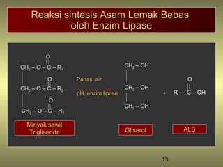 13
Reaksi sintesis Asam Lemak BebasReaksi sintesis Asam Lemak Bebas
oleh Enzim Lipaseoleh Enzim Lipase
OO
OO Panas, airPanas, air OO
pH, enzim lipase +pH, enzim lipase +
OO
CHCH22 – O – C – R– O – C – R11
CH2 – O – C – R2
CH2 – O – C – R3
CH2 – OH
CH2 – OH
CH2 – OH
R –– C – OH
Minyak sawitMinyak sawit
TrigliseridaTrigliserida GliserolGliserol ALBALB
 