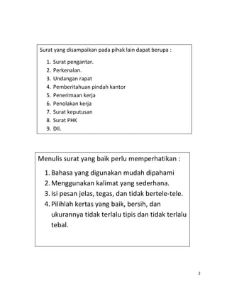 Surat yang disampaikan pada pihak lain dapat berupa :

  1.   Surat pengantar.
  2.   Perkenalan.
  3.   Undangan rapat
  4.   Pemberitahuan pindah kantor
  5.   Penerimaan kerja
  6.   Penolakan kerja
  7.   Surat keputusan
  8.   Surat PHK
  9.   Dll.




Menulis surat yang baik perlu memperhatikan :
  1. Bahasa yang digunakan mudah dipahami
  2. Menggunakan kalimat yang sederhana.
  3. Isi pesan jelas, tegas, dan tidak bertele-tele.
  4. Pilihlah kertas yang baik, bersih, dan
     ukurannya tidak terlalu tipis dan tidak terlalu
     tebal.




                                                        2
 