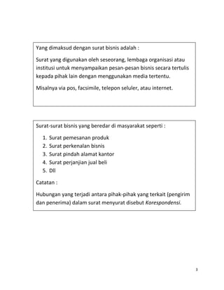 Yang dimaksud dengan surat bisnis adalah :

Surat yang digunakan oleh seseorang, lembaga organisasi atau
institusi untuk menyampaikan pesan-pesan bisnis secara tertulis
kepada pihak lain dengan menggunakan media tertentu.

Misalnya via pos, facsimile, telepon seluler, atau internet.




Surat-surat bisnis yang beredar di masyarakat seperti :

  1.   Surat pemesanan produk
  2.   Surat perkenalan bisnis
  3.   Surat pindah alamat kantor
  4.   Surat perjanjian jual beli
  5.   Dll

Catatan :

Hubungan yang terjadi antara pihak-pihak yang terkait (pengirim
dan penerima) dalam surat menyurat disebut Korespondensi.




                                                                  3
 