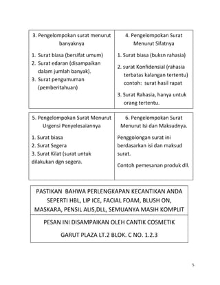 3. Pengelompokan surat menurut      4. Pengelompokan Surat
          banyaknya                     Menurut Sifatnya

1. Surat biasa (bersifat umum)   1. Surat biasa (buksn rahasia)
2. Surat edaran (disampaikan
                                 2. surat Konfidensial (rahasia
   dalam jumlah banyak).
                                    terbatas kalangan tertentu)
3. Surat pengumuman
                                    contoh: surat hasil rapat
   (pemberitahuan)
                                 3. Surat Rahasia, hanya untuk
                                    orang tertentu.

5. Pengelompokan Surat Menurut     6. Pengelompokan Surat
     Urgensi Penyelesaiannya      Menurut Isi dan Maksudnya.

1. Surat biasa                   Penggolongan surat ini
2. Surat Segera                  berdasarkan isi dan maksud
3. Surat Kilat (surat untuk      surat.
dilakukan dgn segera.
                                 Contoh pemesanan produk dll.



 PASTIKAN BAHWA PERLENGKAPAN KECANTIKAN ANDA
    SEPERTI HBL, LIP ICE, FACIAL FOAM, BLUSH ON,
 MASKARA, PENSIL ALIS,DLL, SEMUANYA MASIH KOMPLIT
     PESAN INI DISAMPAIKAN OLEH CANTIK COSMETIK
             GARUT PLAZA LT.2 BLOK. C NO. 1.2.3



                                                                  5
 