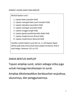 FORMAT LIPAAN SURAT DAN AMPLOP

  Bentuk lipatan surat :

    1.   Lipatan baku (standart fold)
    2.   Lipatan setengah baku (semi standart fold)
    3.   Lipatan akordeon (accordion fold)
    4.   Lipatan setengah accordion fold)
    5.   Lipatan tunggal (single fold)
    6.   Lipatan ganda parallel (parallel doble fold)
    7.   Lipatan model prancis (franch fold)
    8.   Lipatan model baron (baronial fold)

  Gambar contoh lipatan surat dari no. 1 s.d 8 lipatan dapat
  dilihat pada buku Komunikasi bisnis,Djoko Purwanto, M.B.A
  edisi ketiga. Halaman 172 s.d 173




ANEKA BENTUK AMPLOP
Tujuan amplop surat, selain sebagai etika juga
untuk menjaga kerahasiaan isi surat.
Amplop dikelompokkan berdasarkan wujudnya,
ukurannya, dan penggunaannya.



                                                               9
 