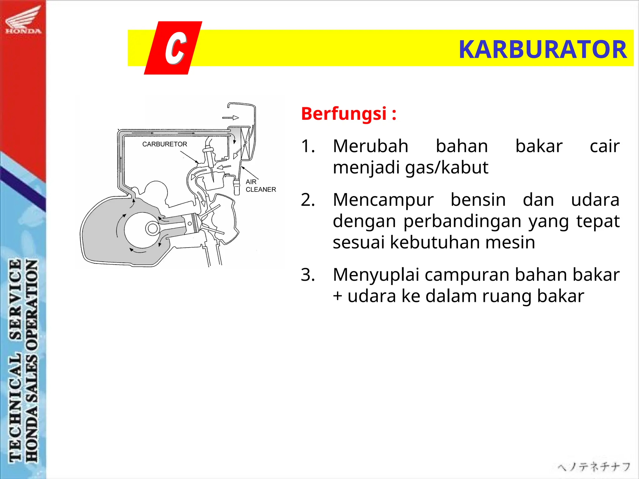 Berfungsi :
1. Merubah bahan bakar cair
menjadi gas/kabut
2. Mencampur bensin dan udara
dengan perbandingan yang tepat
sesuai kebutuhan mesin
3. Menyuplai campuran bahan bakar
+ udara ke dalam ruang bakar
KARBURATOR
 