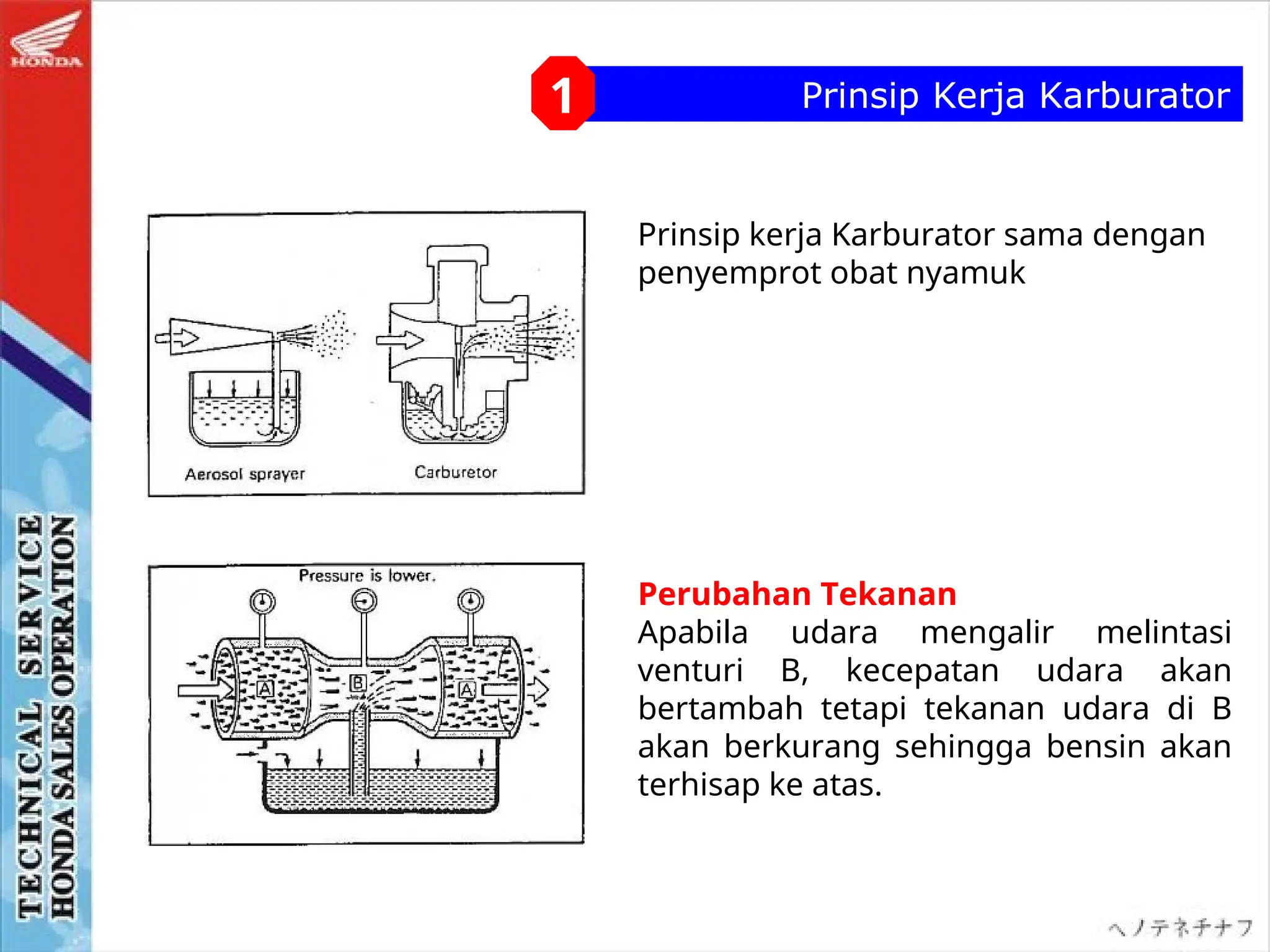 Prinsip Kerja Karburator
1
Prinsip kerja Karburator sama dengan
penyemprot obat nyamuk
Perubahan Tekanan
Apabila udara mengalir melintasi
venturi B, kecepatan udara akan
bertambah tetapi tekanan udara di B
akan berkurang sehingga bensin akan
terhisap ke atas.
 