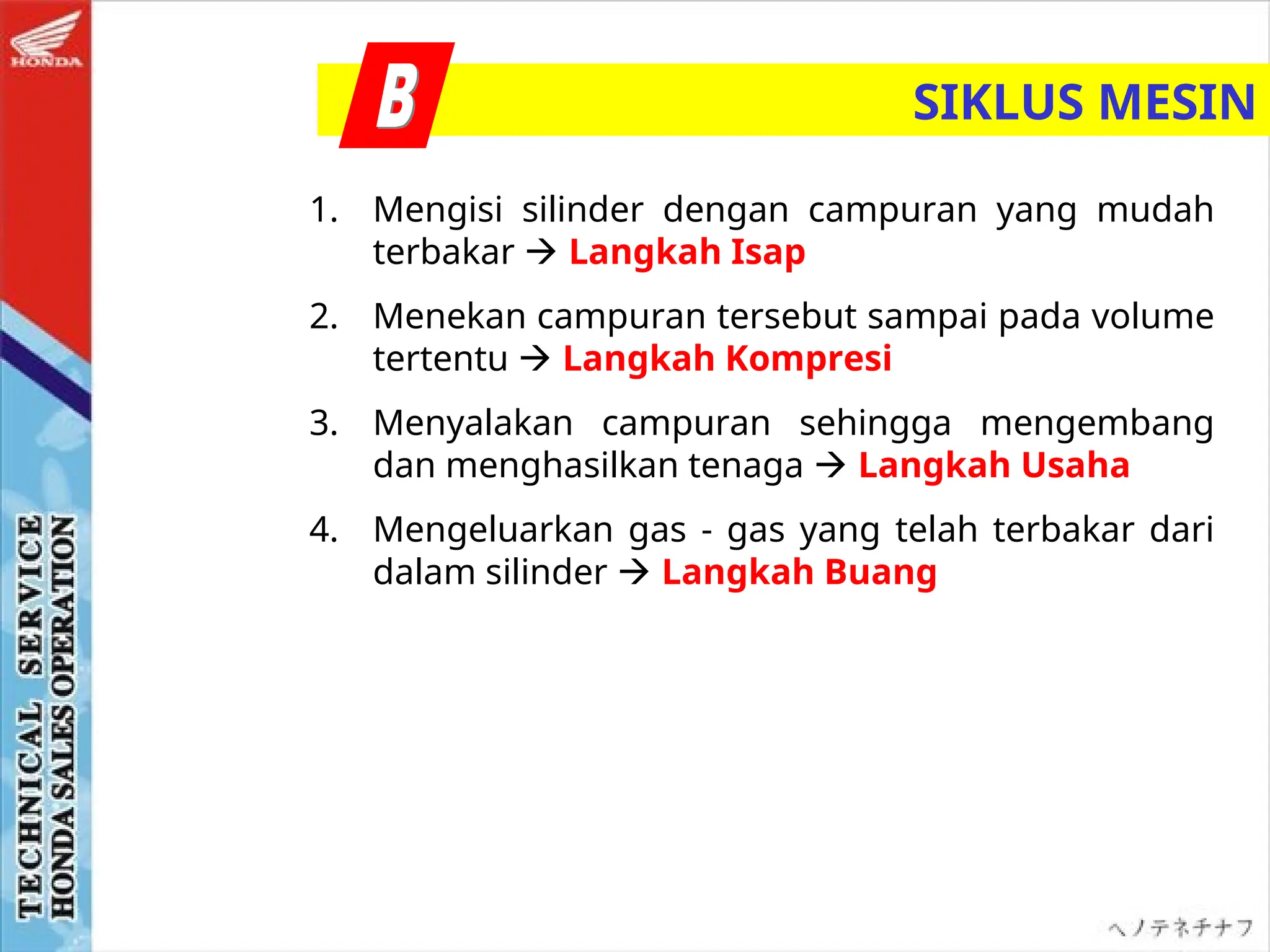 1. Mengisi silinder dengan campuran yang mudah
terbakar  Langkah Isap
2. Menekan campuran tersebut sampai pada volume
tertentu  Langkah Kompresi
3. Menyalakan campuran sehingga mengembang
dan menghasilkan tenaga  Langkah Usaha
4. Mengeluarkan gas - gas yang telah terbakar dari
dalam silinder  Langkah Buang
SIKLUS MESIN
 