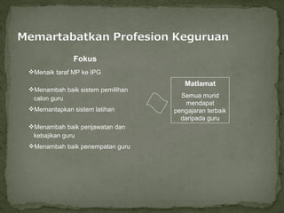 Fokus
Menaik taraf MP ke IPG
                                     Matlamat
Menambah baik sistem pemilihan
 calon guru                         Semua murid
                                      mendapat
Memantapkan sistem latihan       pengajaran terbaik
                                    daripada guru
Menambah baik penjawatan dan
 kebajikan guru
Menambah baik penempatan guru
 