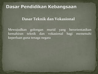 Dasar Teknik dan Vokasional

Mewujudkan golongan murid yang berorientasikan
kemahiran teknik dan vokasional bagi memenuhi
keperluan guna tenaga negara
 