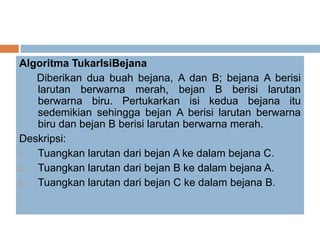Algoritma TukarIsiBejana
   Diberikan dua buah bejana, A dan B; bejana A berisi
   larutan berwarna merah, bejan B berisi larutan
   berwarna biru. Pertukarkan isi kedua bejana itu
   sedemikian sehingga bejan A berisi larutan berwarna
   biru dan bejan B berisi larutan berwarna merah.
Deskripsi:
1. Tuangkan larutan dari bejan A ke dalam bejana C.
2. Tuangkan larutan dari bejan B ke dalam bejana A.
3. Tuangkan larutan dari bejan C ke dalam bejana B.
 