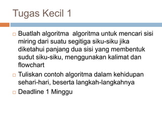 Tugas Kecil 1
   Buatlah algoritma algoritma untuk mencari sisi
    miring dari suatu segitiga siku-siku jika
    diketahui panjang dua sisi yang membentuk
    sudut siku-siku, menggunakan kalimat dan
    flowchart
   Tuliskan contoh algoritma dalam kehidupan
    sehari-hari, beserta langkah-langkahnya
   Deadline 1 Minggu
 