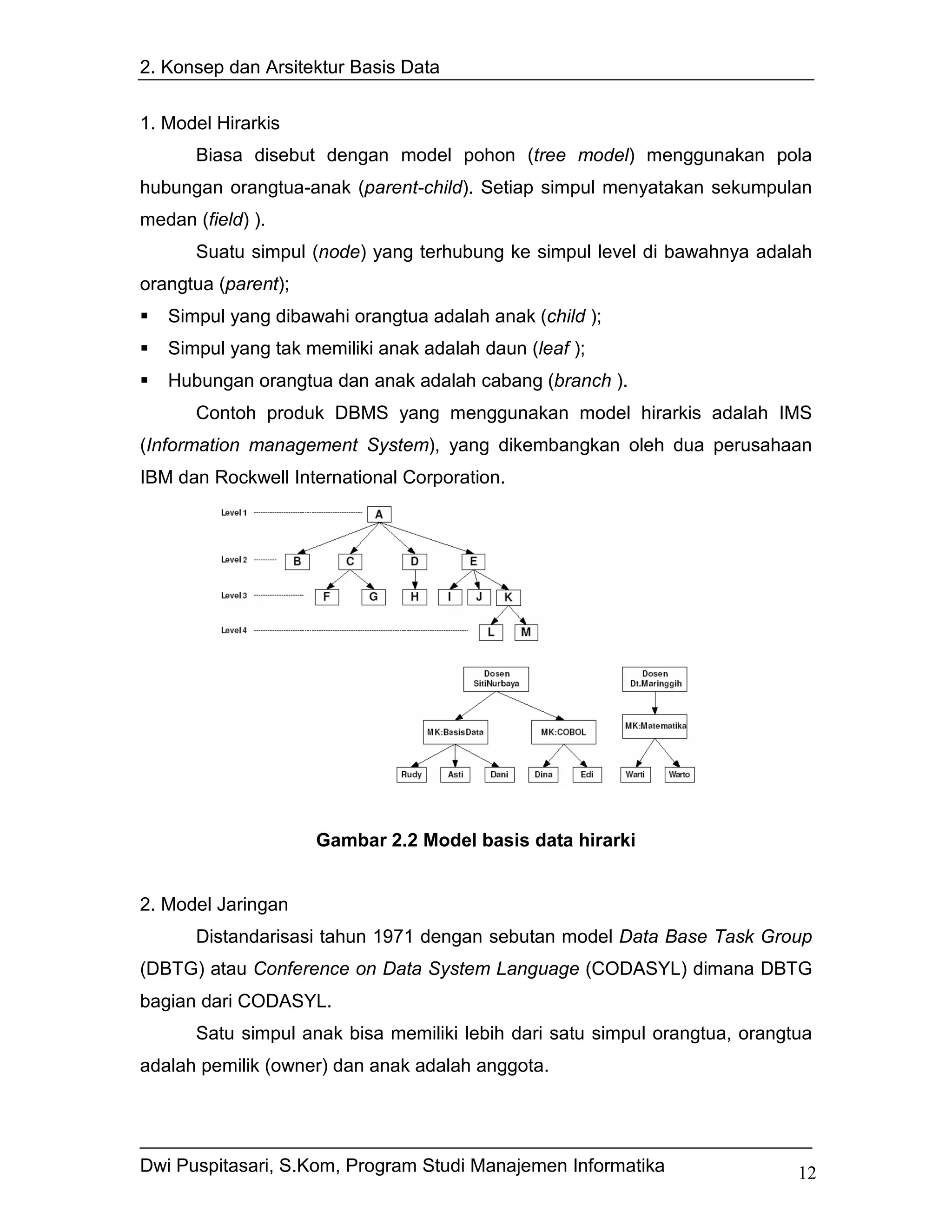 2. Konsep dan Arsitektur Basis Data


1. Model Hirarkis
       Biasa disebut dengan model pohon (tree model) menggunakan pola
hubungan orangtua-anak (parent-child). Setiap simpul menyatakan sekumpulan
medan (field) ).
       Suatu simpul (node) yang terhubung ke simpul level di bawahnya adalah
orangtua (parent);
   Simpul yang dibawahi orangtua adalah anak (child );
   Simpul yang tak memiliki anak adalah daun (leaf );
   Hubungan orangtua dan anak adalah cabang (branch ).
       Contoh produk DBMS yang menggunakan model hirarkis adalah IMS
(Information management System), yang dikembangkan oleh dua perusahaan
IBM dan Rockwell International Corporation.




                     Gambar 2.2 Model basis data hirarki


2. Model Jaringan
       Distandarisasi tahun 1971 dengan sebutan model Data Base Task Group
(DBTG) atau Conference on Data System Language (CODASYL) dimana DBTG
bagian dari CODASYL.
       Satu simpul anak bisa memiliki lebih dari satu simpul orangtua, orangtua
adalah pemilik (owner) dan anak adalah anggota.




Dwi Puspitasari, S.Kom, Program Studi Manajemen Informatika                  12
 