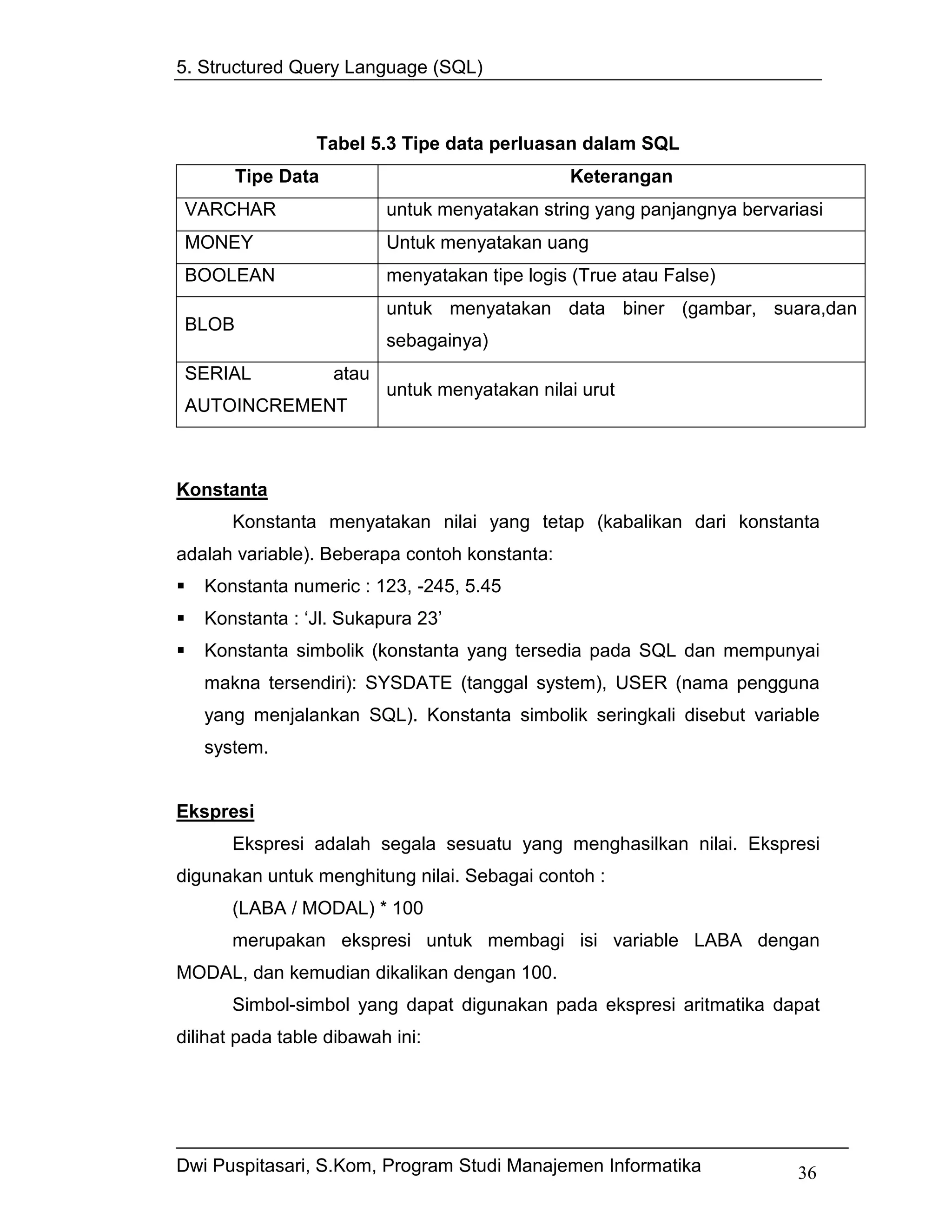 5. Structured Query Language (SQL)



                 Tabel 5.3 Tipe data perluasan dalam SQL
        Tipe Data                               Keterangan
 VARCHAR                   untuk menyatakan string yang panjangnya bervariasi
 MONEY                     Untuk menyatakan uang
 BOOLEAN                   menyatakan tipe logis (True atau False)
                           untuk menyatakan data biner (gambar, suara,dan
 BLOB
                           sebagainya)
 SERIAL             atau
                           untuk menyatakan nilai urut
 AUTOINCREMENT



Konstanta
       Konstanta menyatakan nilai yang tetap (kabalikan dari konstanta
adalah variable). Beberapa contoh konstanta:
   Konstanta numeric : 123, -245, 5.45
   Konstanta : ‘Jl. Sukapura 23’
   Konstanta simbolik (konstanta yang tersedia pada SQL dan mempunyai
   makna tersendiri): SYSDATE (tanggal system), USER (nama pengguna
   yang menjalankan SQL). Konstanta simbolik seringkali disebut variable
   system.


Ekspresi
       Ekspresi adalah segala sesuatu yang menghasilkan nilai. Ekspresi
digunakan untuk menghitung nilai. Sebagai contoh :
       (LABA / MODAL) * 100
       merupakan ekspresi untuk membagi isi variable LABA dengan
MODAL, dan kemudian dikalikan dengan 100.
       Simbol-simbol yang dapat digunakan pada ekspresi aritmatika dapat
dilihat pada table dibawah ini:




Dwi Puspitasari, S.Kom, Program Studi Manajemen Informatika               36
 