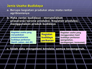 Jenis Usaha Budidaya
a. Berupa kegiatan produksi atau mata rantai
agribisnisnya
b. Mata rantai budidaya : menyediakan
prasarana/sarana produksi, Kegiatan produksi,
menggunakan produk budidaya
c. Salah satu mengalami kendala, semua terpengaruh.
Kegiatan usaha yang
menyediakan
prasarana/sarana
budidaya perikanan
(benih, pakan, alat dll)
Kegiatan usaha yang
menggunakan hasil
budidaya perikanan
(pengolahan,
perdagangan, konsumsi)
Kegiatan
budidaya
perikanan
 