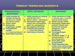 TRADISIONAL/
EKSTENSIF
SEMI INTENSIF INTENSIF
1) Padat penebaran
rendah (di bawah
10 ekor/m2, benih
berukuran kecil)
2) Pakan alami
3) Manipulasi
lingkungan sedikit
4) Produktivitas
rendah
(< 1 ton/ha/tahun)
5) Hasil tidak menentu
1) Padat penebaran sedang
(10-20 ekor/m2)
2) Pakan alami + tambahan
3) Manipulasi lingkungan
antara lain pemupukan,
ganti air, pengapuran
4) Pencegahan penyakit
5) Produktivitas sedang
( ± 2 ton/ha/tahun)
6) Hasil belum menentu
1) Padat penebaran tinggi
(> 30 ekor atau > 5 kg/m2)
ukuran benih besar
2) Pakan buatan/pelet
3) Manipulasi lingkungan
intensif (desain dan
konstruksi tempat,
pengairan, alat
tambahan)
4) Penanggulangan
penyakit
5) Produksi tinggi ( > 4
ton/ha/tahun - > 20
ton/ha/panen)
6) Hasil lebih pasti
(predictable)
7) Padat teknologi dan
modal serta resiko tinggi
(penurunan lingkungan,
penyakit)
TINGKAT TEKNOLOGI BUDIDAYA
 