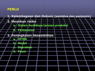 PERLU
3. Peningkatan Aksesibilitas
a. IPTEK
b. Modal
c. Saprokan
d. Pasar
a. Sistem budidaya/proses produksi
b. Pemasaran
2. Menekan risiko
1. Kelembagaan dan Hukum (pembina dan penjamin)
 