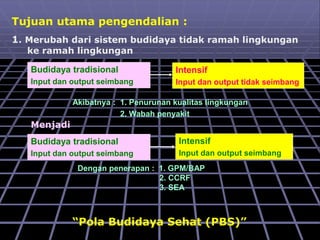 Tujuan utama pengendalian :
1. Merubah dari sistem budidaya tidak ramah lingkungan
ke ramah lingkungan
Intensif
Input dan output tidak seimbang
Akibatnya : 1. Penurunan kualitas lingkungan
2. Wabah penyakit
Intensif
Input dan output seimbang
Dengan penerapan : 1. GPM/BAP
2. CCRF
3. SEA
“Pola Budidaya Sehat (PBS)”
Budidaya tradisional
Input dan output seimbang
Menjadi
Budidaya tradisional
Input dan output seimbang
 