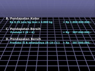 B. Pendapatan Kotor
Rp 0,25 juta/kg ikan x 4.000 kg = Rp 1.000.000.000,-
C. Pendapatan Bersih
Produksi I (B – A) = Rp 387.000.000,-
D. Pendapatan Bersih
Produksi II & selanjutnya (B–(A-(1)) = Rp 587.000.000,-
 
