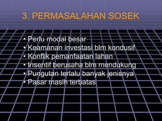 3. PERMASALAHAN SOSEK
• Perlu modal besar
• Keamanan investasi blm kondusif
• Konflik pemanfaatan lahan
• Insentif berusaha blm mendukung
• Pungutan terlalu banyak jenisnya
• Pasar masih terbatas
 