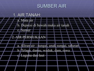 SUMBER AIR
1. AIR TANAH:
2. AIR PERMUKAAN
a. Mata air
b. Depresi di bawah muka air tanah
c. Sumur
a. Aliran air : sungai, anak sungai, saluran
b. Telaga, danau, waduk, dam, rawa
c. Laguna dan laut
 
