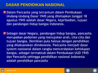 Sosialisasi KTSP
DASAR PENDIDIKAN NASIONALDASAR PENDIDIKAN NASIONAL
Dalam Pancasila yang tercantum dalam Pembukaan
Undang-Undang Dasar 1945 yang ditetapkan tanggal 18
agustus 1945 adalah dasar Negara, kepribadian, tujuan
dan pandangan hidup bangsa Indonesia.
Sebagai dasar Negara, pandangan hidup bangsa, pancasila
merupakan pedoman yang menujukan arah, cita-cita dan
tujuan bangsa. Demikian pula halnya dengan pendidikan
yang dilaksanakan diindonesia. Pancasila menjadi dasar
system nasioanal dalam rangka mencerdaskan kehidupan
bangsa, sebagai termaktub dalam Pembukaan UUD 1945
dan Pancasila sehingga pendidikan nasional Indonesia
adalah pendidikan pancasila
 