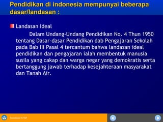Sosialisasi KTSP
Pendidikan di indonesia mempunyai beberapaPendidikan di indonesia mempunyai beberapa
dasar/landasan :dasar/landasan :
Landasan Ideal
            Dalam Undang-Undang Pendidikan No. 4 Thun 1950
tentang Dasar-dasar Pendidikan dab Pengajaran Sekolah
pada Bab III Pasal 4 tercantum bahwa landasan ideal
pendidikan dan pengajaran ialah membentuk manusia
susila yang cakap dan warga negar yang demokratis serta
bertanggung jawab terhadap kesejahteraan masyarakat
dan Tanah Air.
 