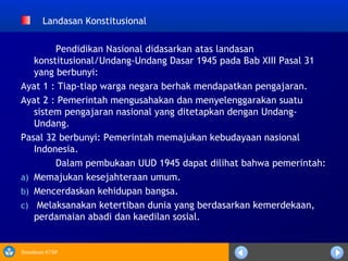 Sosialisasi KTSP
   Landasan Konstitusional
            Pendidikan Nasional didasarkan atas landasan
konstitusional/Undang-Undang Dasar 1945 pada Bab XIII Pasal 31
yang berbunyi:
Ayat 1 : Tiap-tiap warga negara berhak mendapatkan pengajaran.
Ayat 2 : Pemerintah mengusahakan dan menyelenggarakan suatu
sistem pengajaran nasional yang ditetapkan dengan Undang-
Undang.
Pasal 32 berbunyi: Pemerintah memajukan kebudayaan nasional
Indonesia.
            Dalam pembukaan UUD 1945 dapat dilihat bahwa pemerintah:
a) Memajukan kesejahteraan umum.
b) Mencerdaskan kehidupan bangsa.
c)  Melaksanakan ketertiban dunia yang berdasarkan kemerdekaan,
perdamaian abadi dan kaedilan sosial.
 