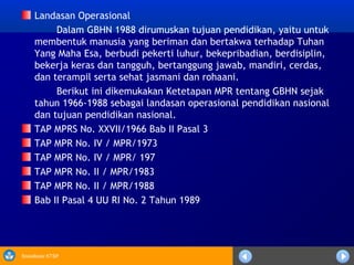 Sosialisasi KTSP
Landasan Operasional
            Dalam GBHN 1988 dirumuskan tujuan pendidikan, yaitu untuk
membentuk manusia yang beriman dan bertakwa terhadap Tuhan
Yang Maha Esa, berbudi pekerti luhur, bekepribadian, berdisiplin,
bekerja keras dan tangguh, bertanggung jawab, mandiri, cerdas,
dan terampil serta sehat jasmani dan rohaani.
            Berikut ini dikemukakan Ketetapan MPR tentang GBHN sejak
tahun 1966-1988 sebagai landasan operasional pendidikan nasional
dan tujuan pendidikan nasional.
TAP MPRS No. XXVII/1966 Bab II Pasal 3
TAP MPR No. IV / MPR/1973
TAP MPR No. IV / MPR/ 197
TAP MPR No. II / MPR/1983
TAP MPR No. II / MPR/1988
Bab II Pasal 4 UU RI No. 2 Tahun 1989
 